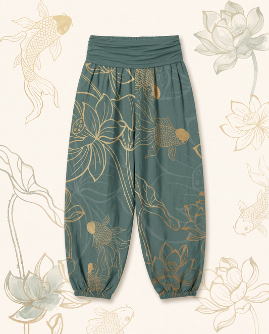 Koi & Lotus Cotton Harem Pants — flat-lay view