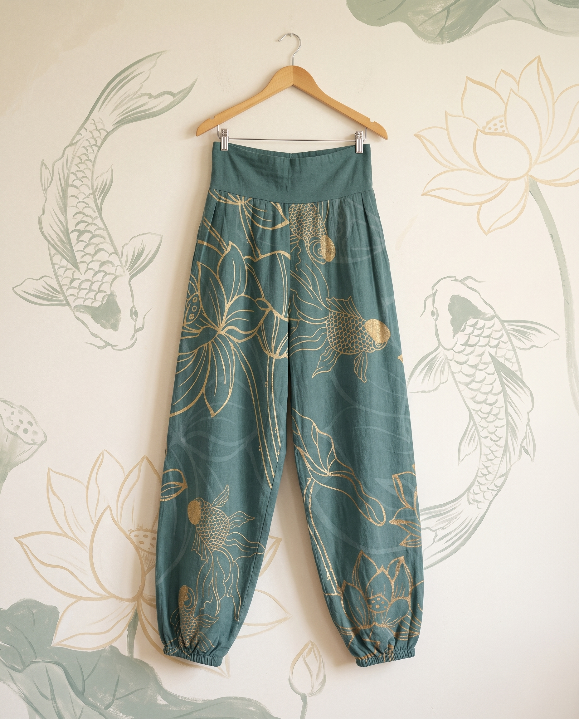 Koi & Lotus Cotton Harem Pants — hanging view