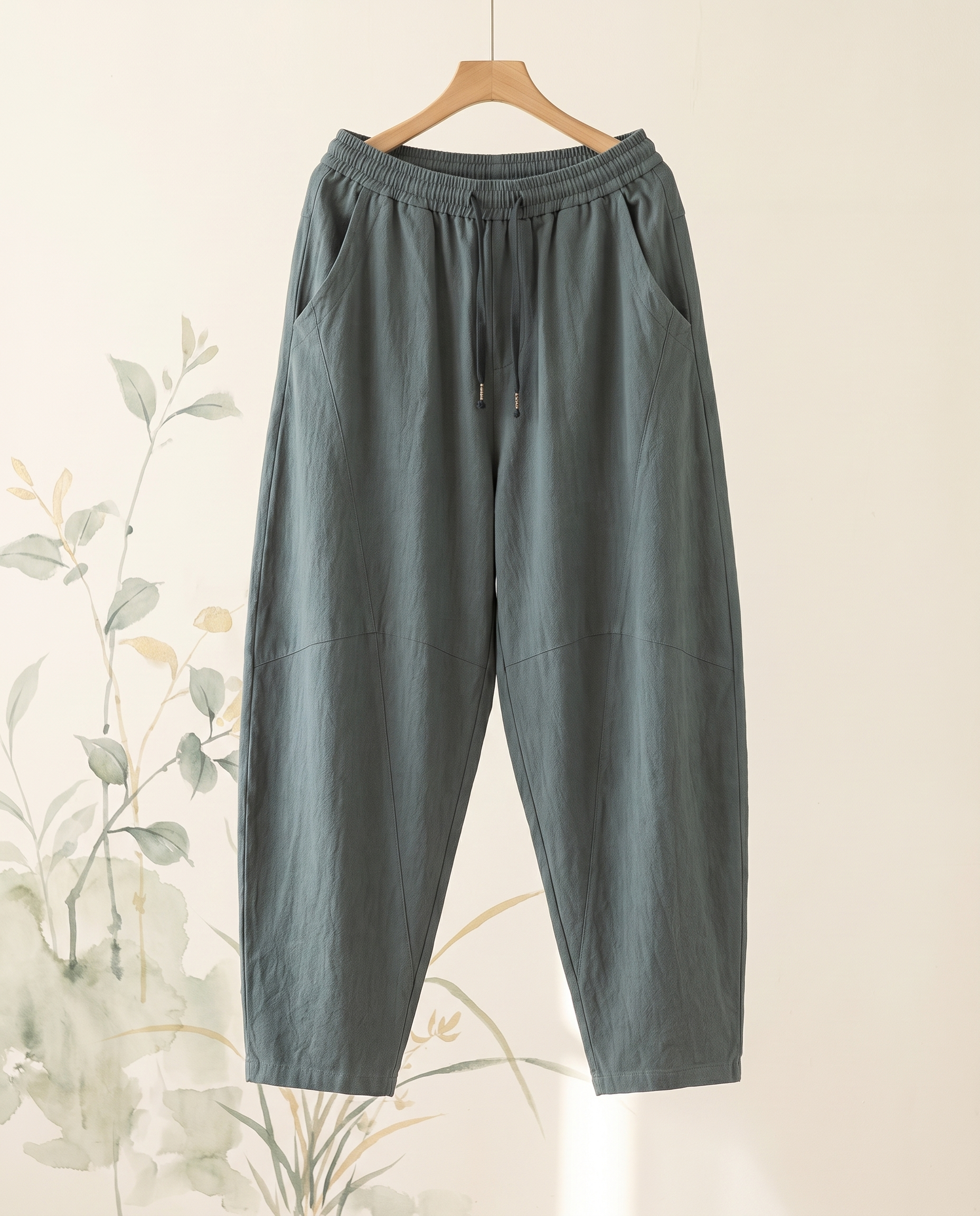 Men's Cotton Drawstring Pants with Pockets — hanging view