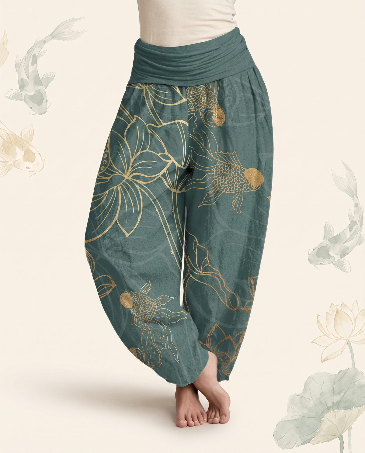 Koi & Lotus Cotton Harem Pants — worn by a model