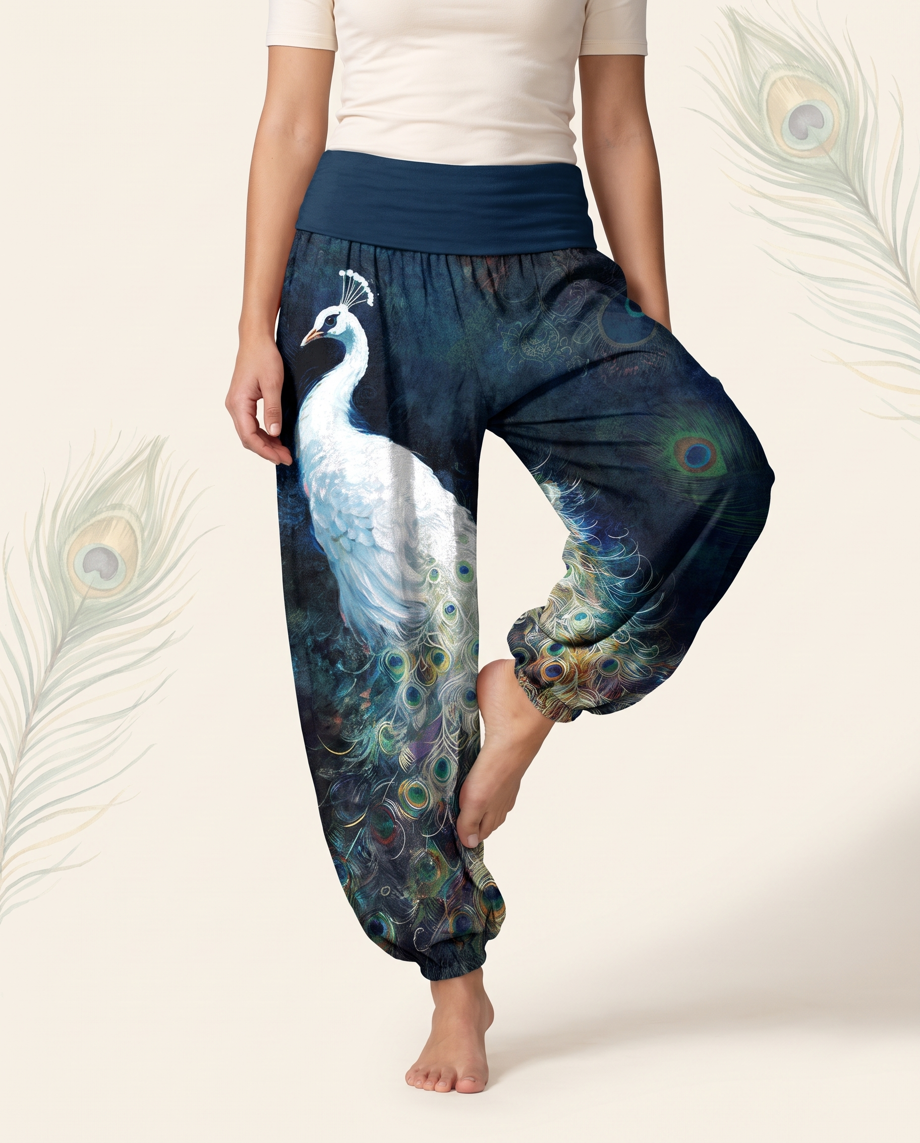 Peacock Cotton Harem Pants — worn by a model