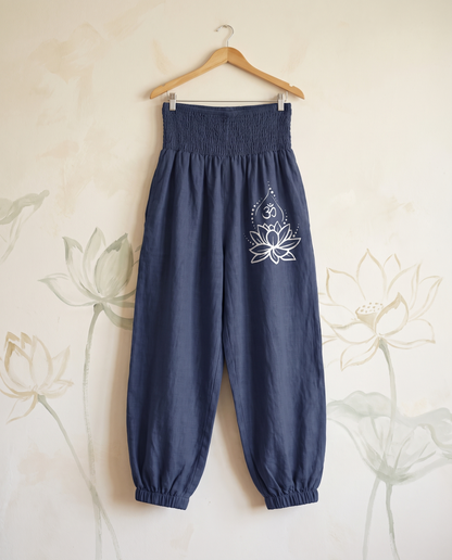 Lotus & Om Cotton Harem Pants — hanging view