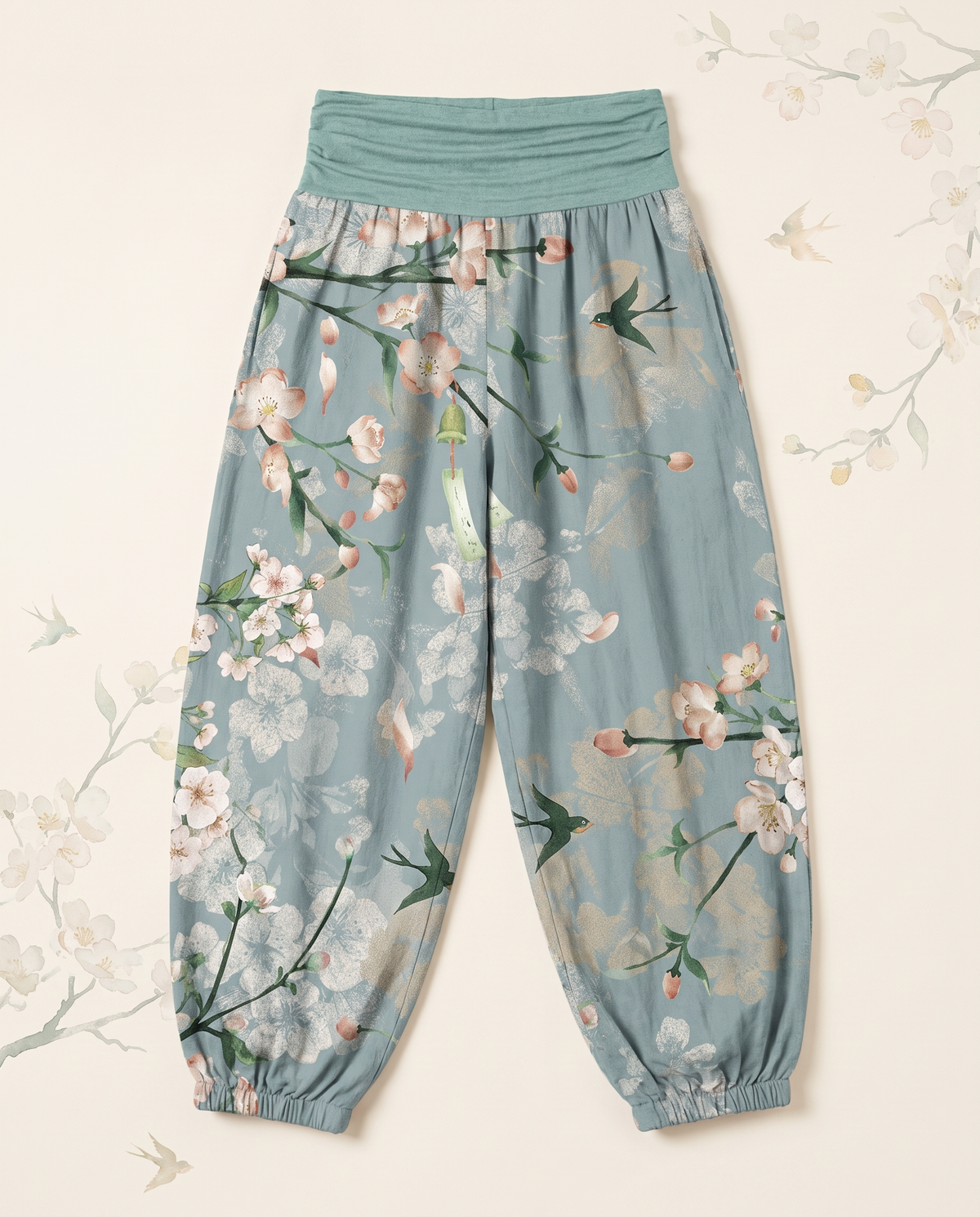 Peach Blossom Cotton Harem Pants — flat-lay view