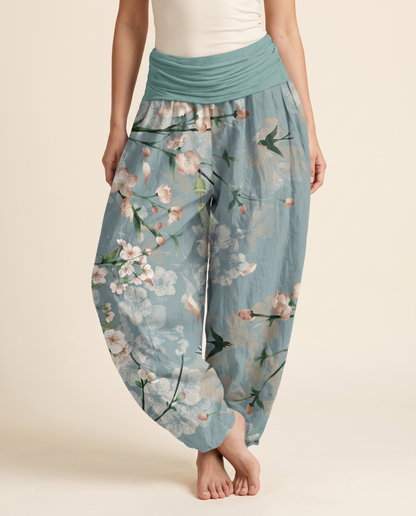 Peach Blossom Cotton Harem Pants — worn by a model