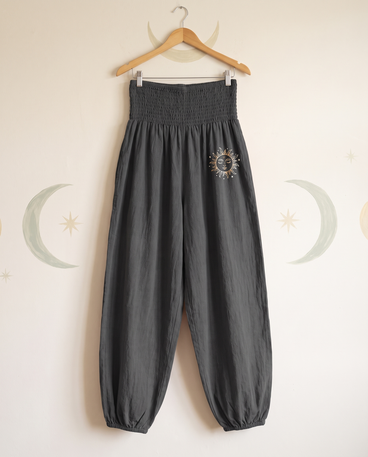 Sun & Moon Cotton Harem Pants — hanging view