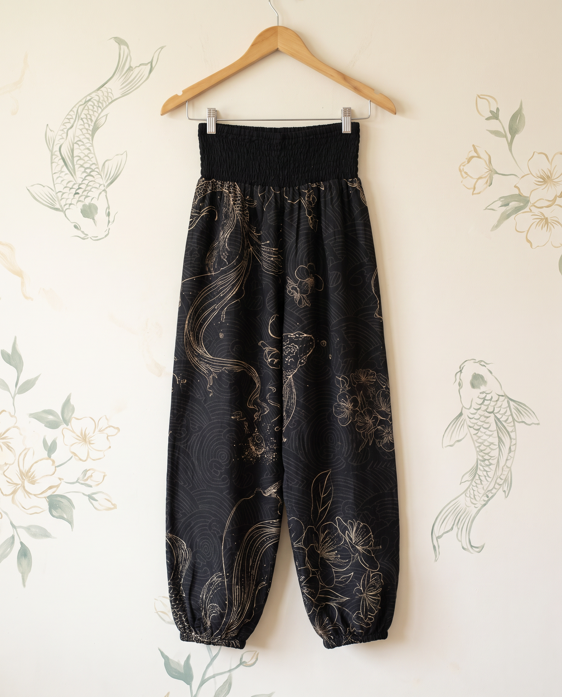 Koi Floral Cotton Harem Pants — hanging view