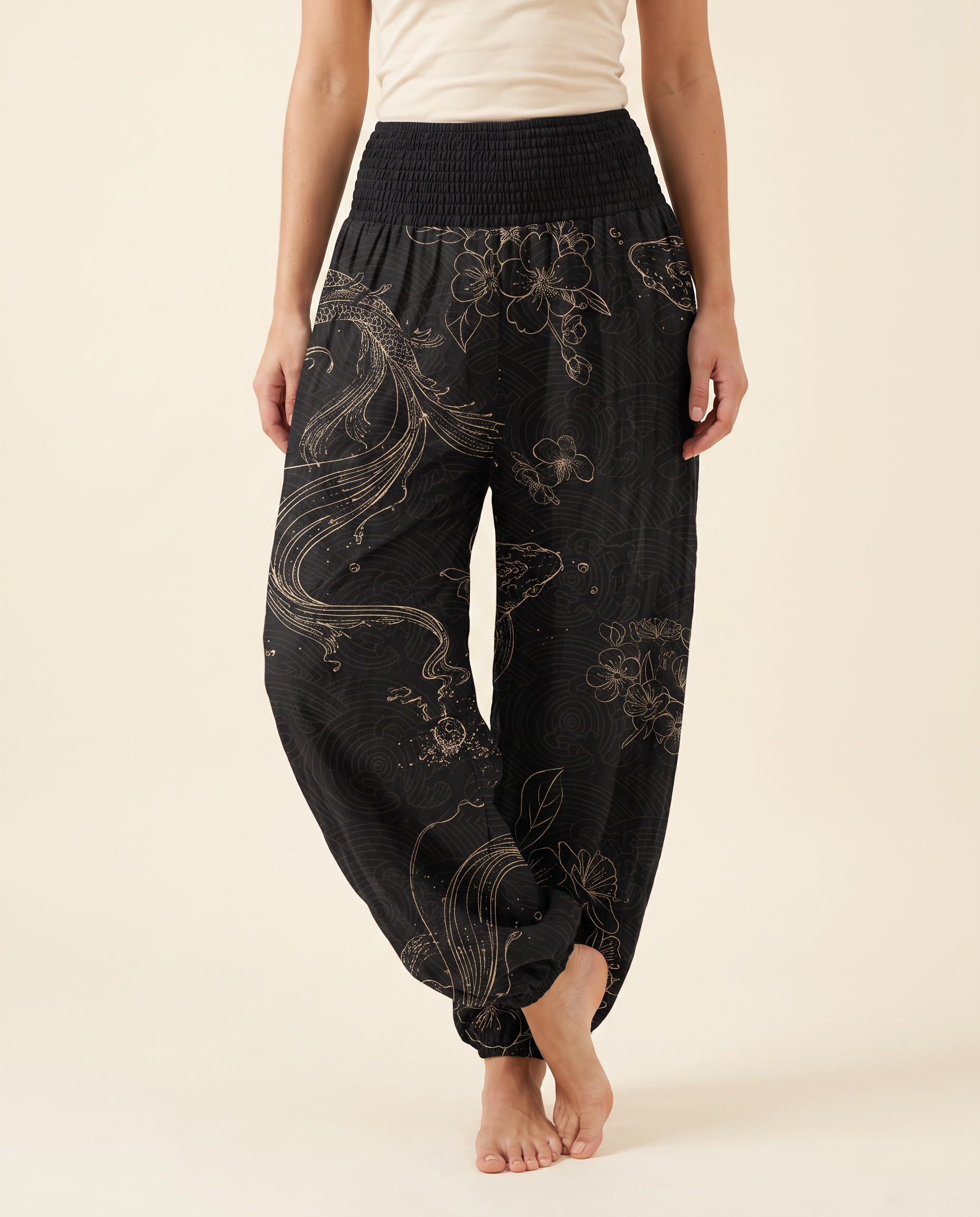 Koi Floral Cotton Harem Pants — worn by a model