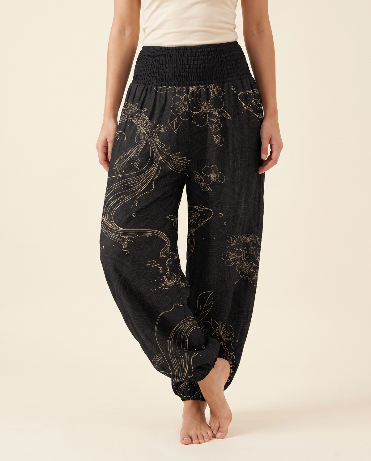 Koi Floral Cotton Harem Pants — worn by a model