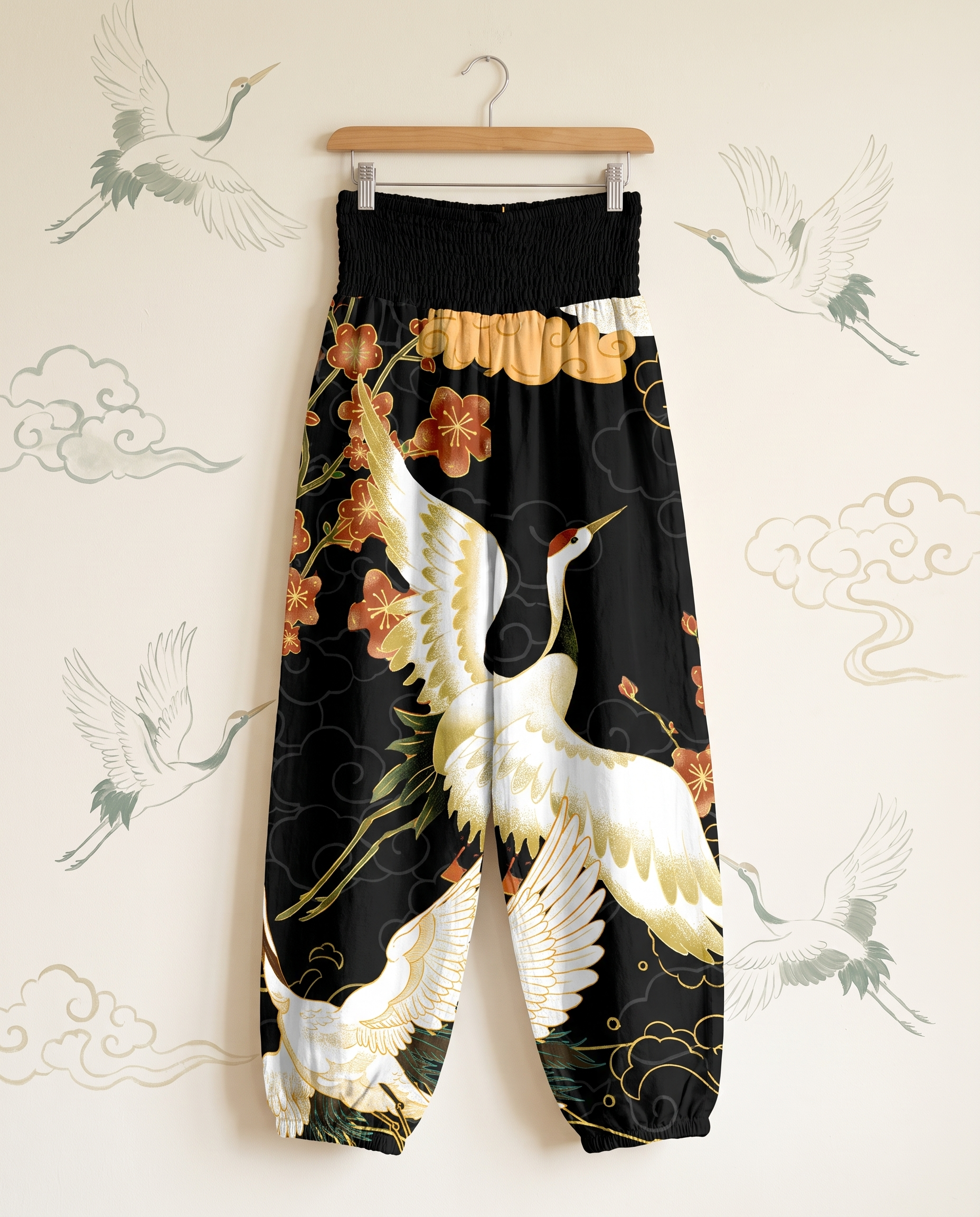 Crane & Cloud Cotton Harem Pants — hanging view