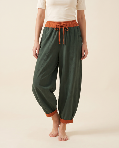 Cotton Drawstring Harem Pants with Pockets — worn by a model