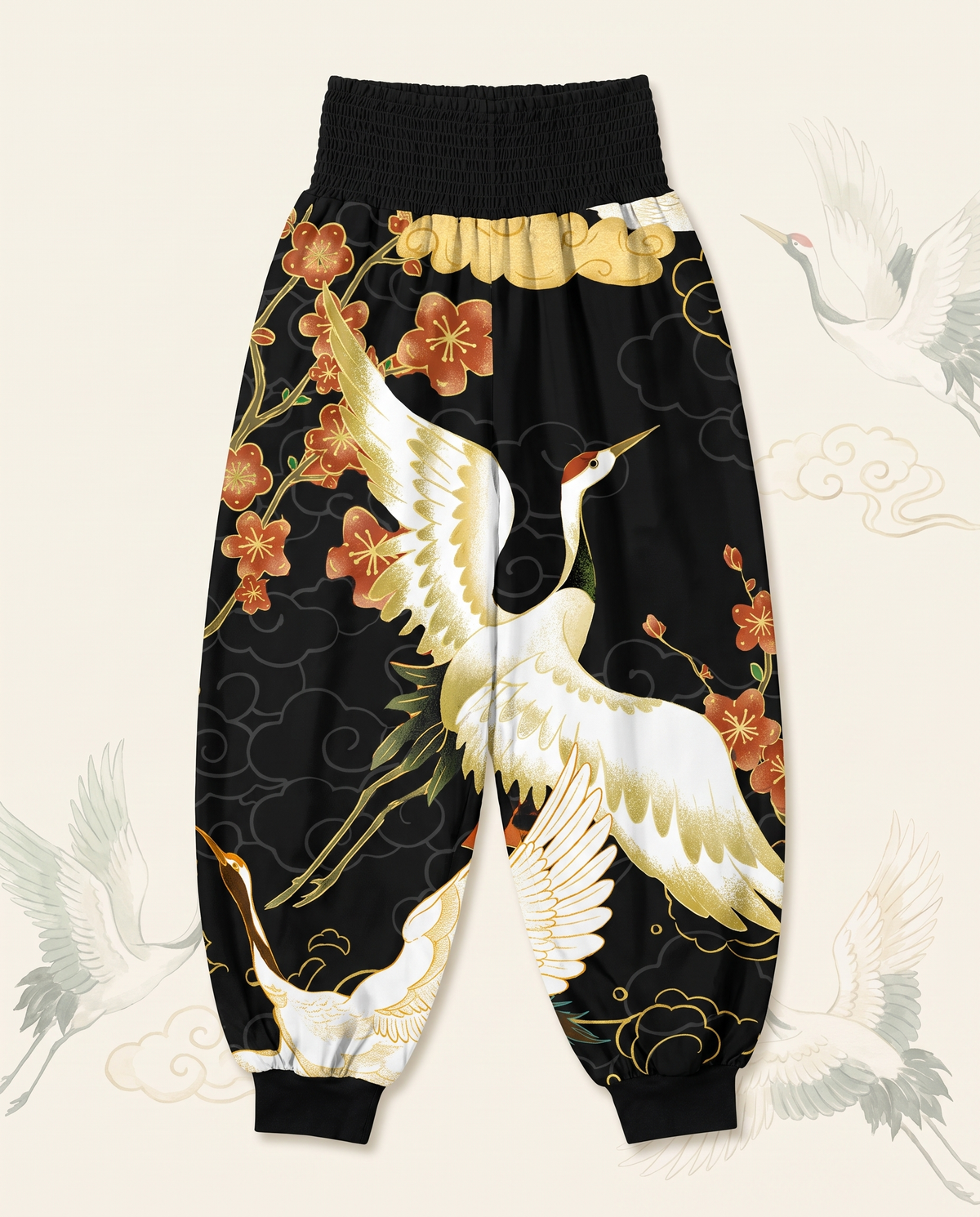 Crane & Cloud Cotton Harem Pants — flat-lay view