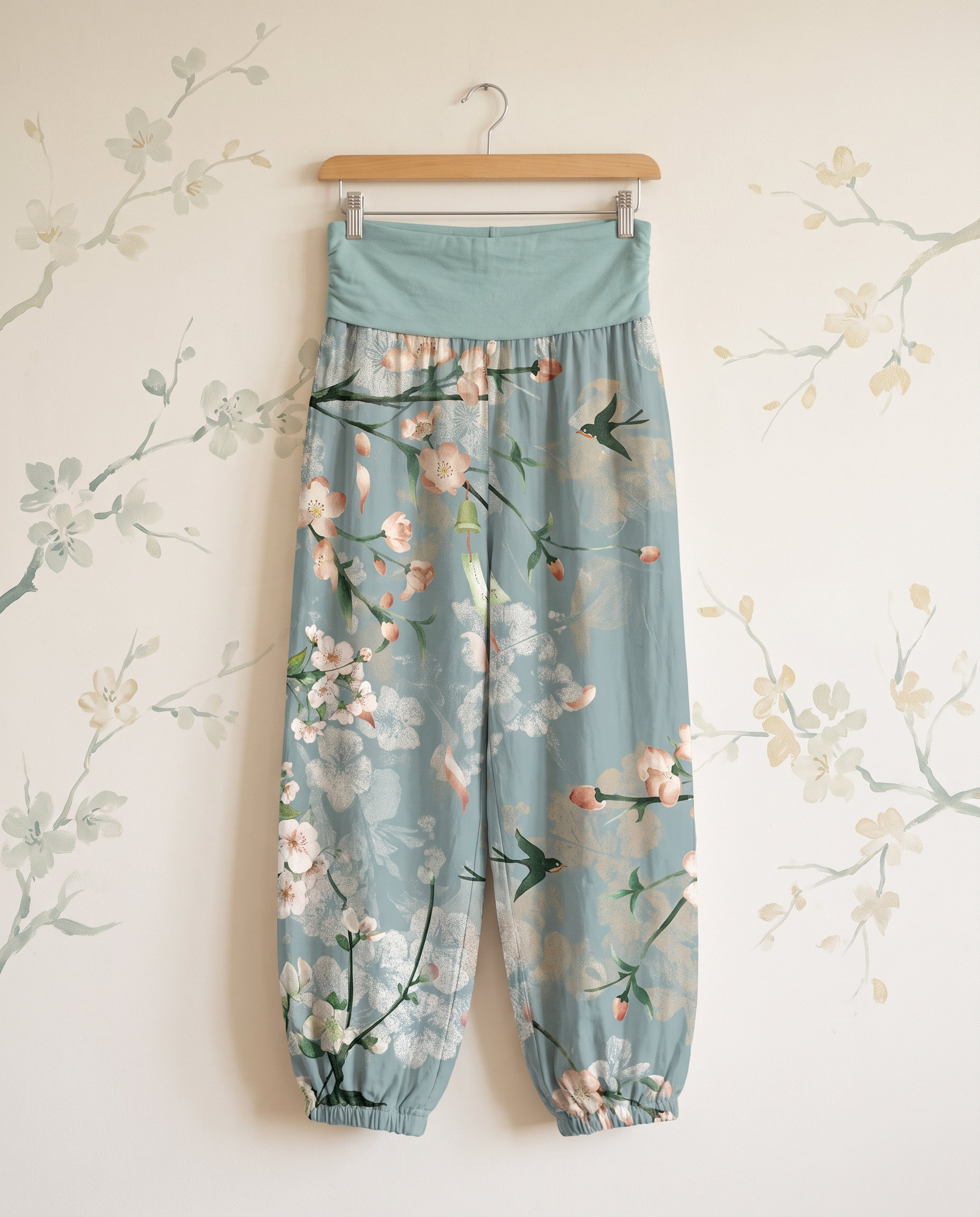 Peach Blossom Cotton Harem Pants — hanging view