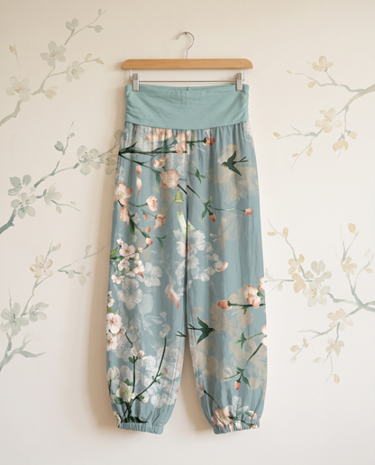 Peach Blossom Cotton Harem Pants — hanging view