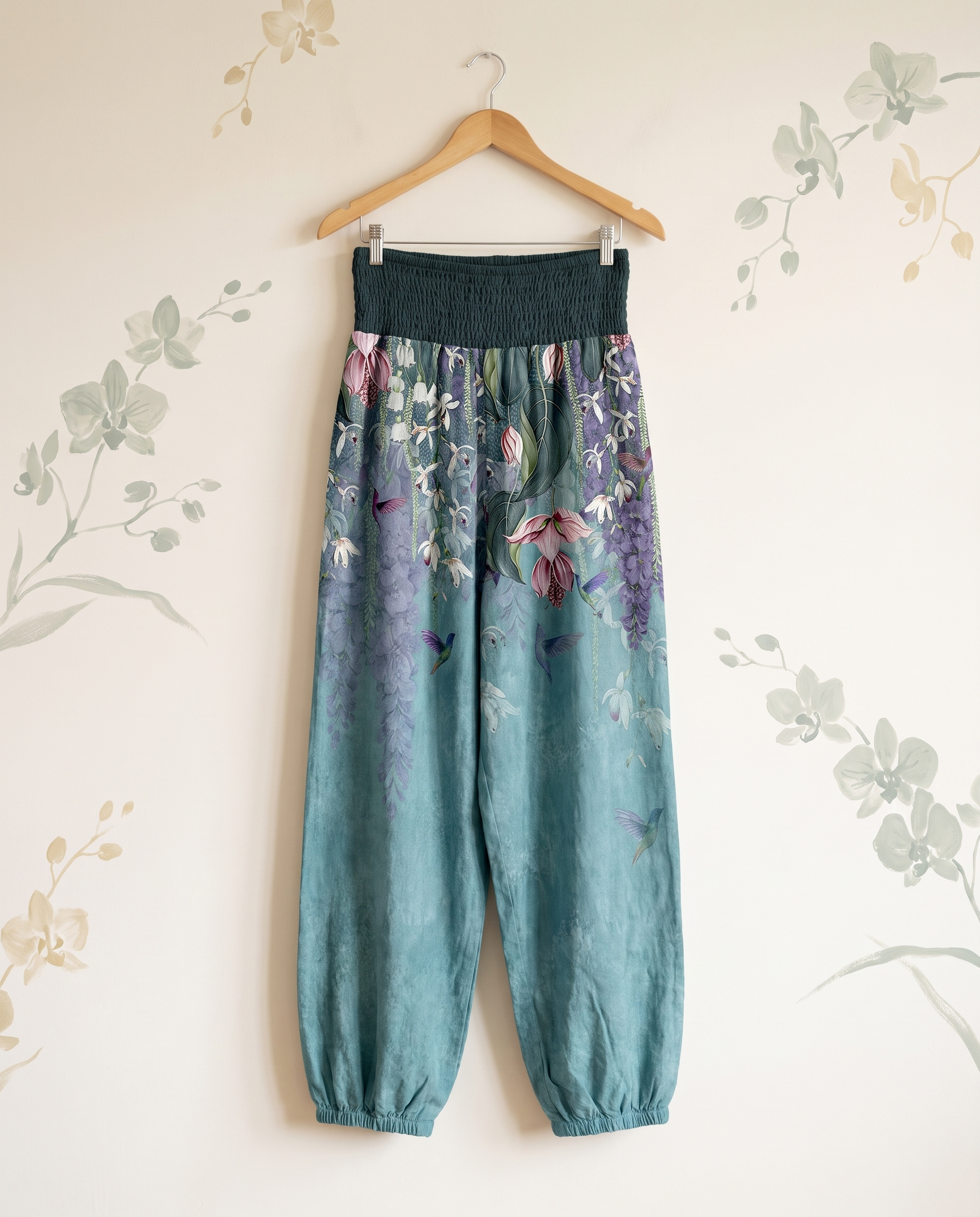 Orchid & Birds Cotton Harem Pants — hanging view