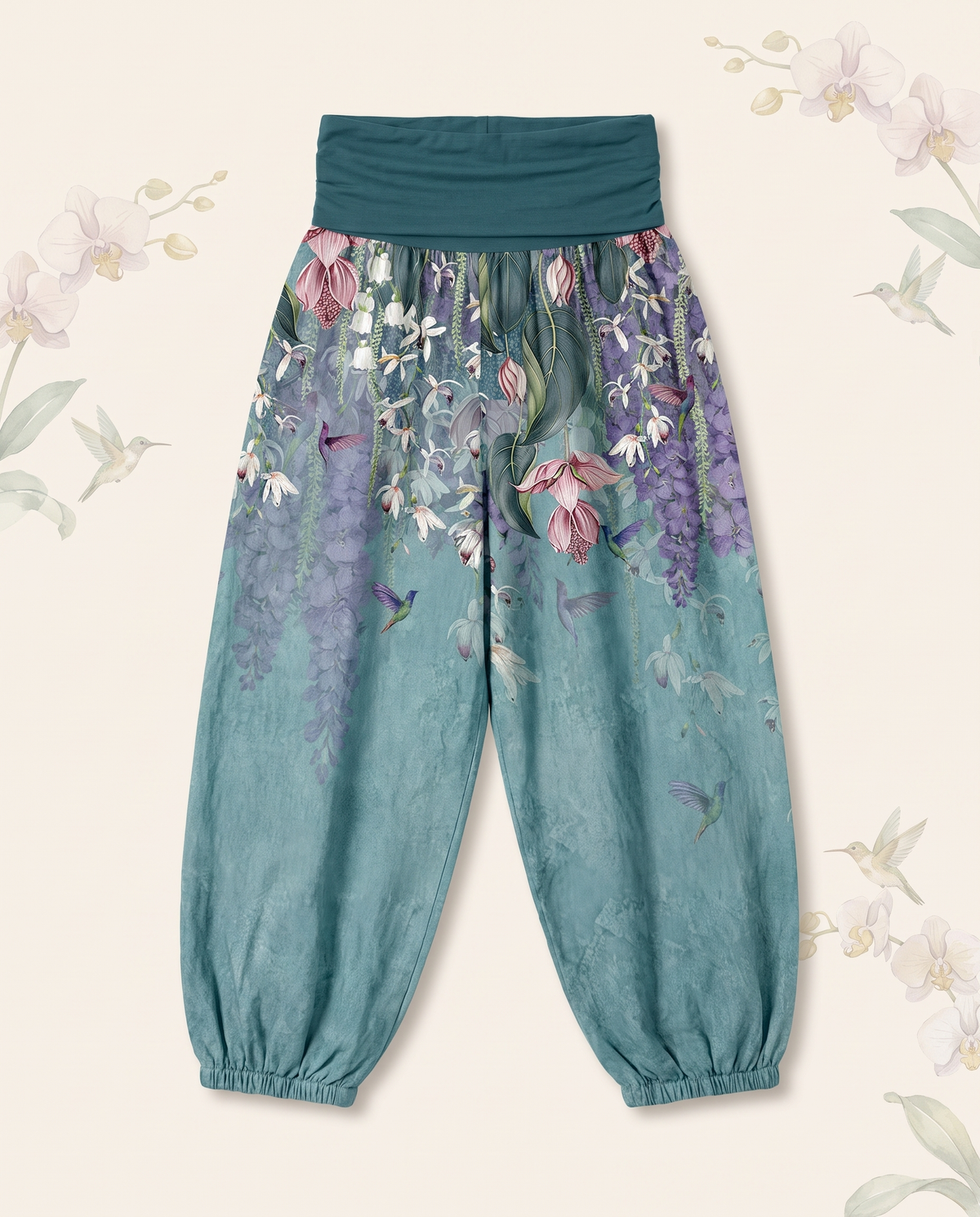 Orchid & Birds Cotton Harem Pants — flat-lay view