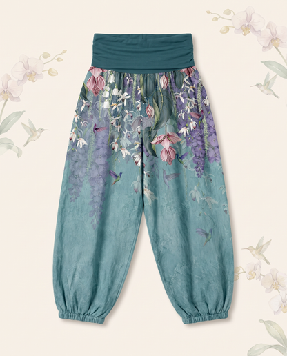 Orchid & Birds Cotton Harem Pants — flat-lay view
