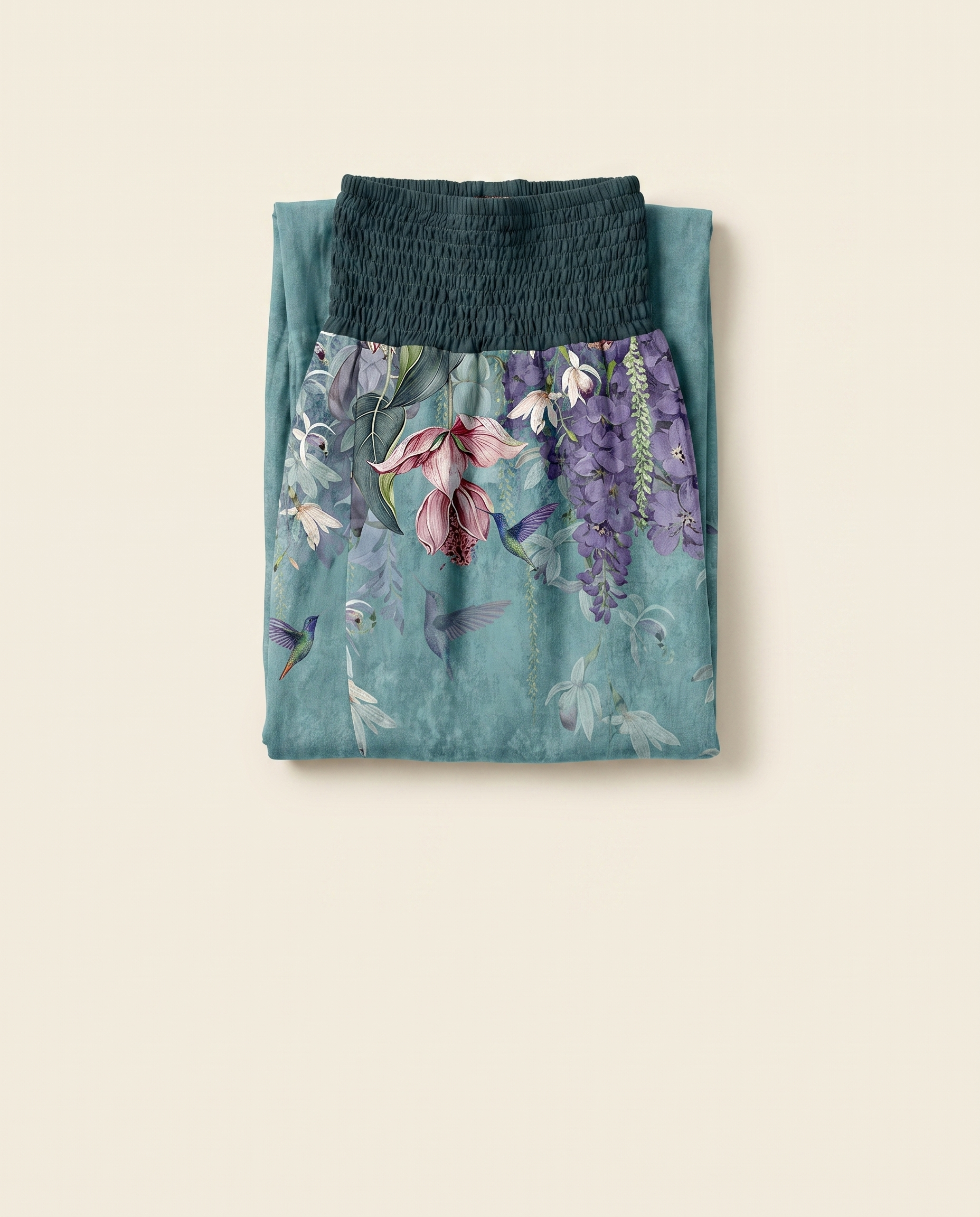 Orchid & Birds Cotton Harem Pants — folded view