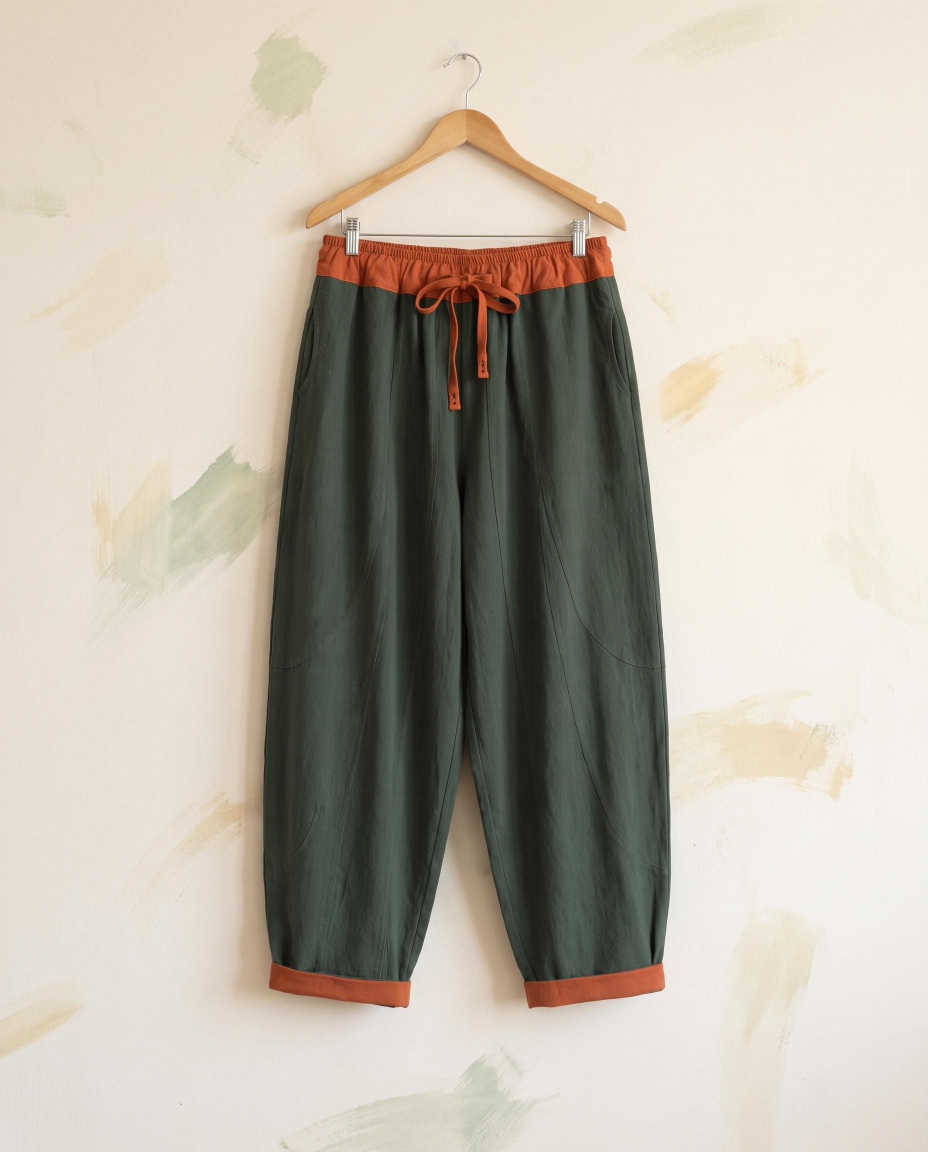 Cotton Drawstring Harem Pants with Pockets — hanging view