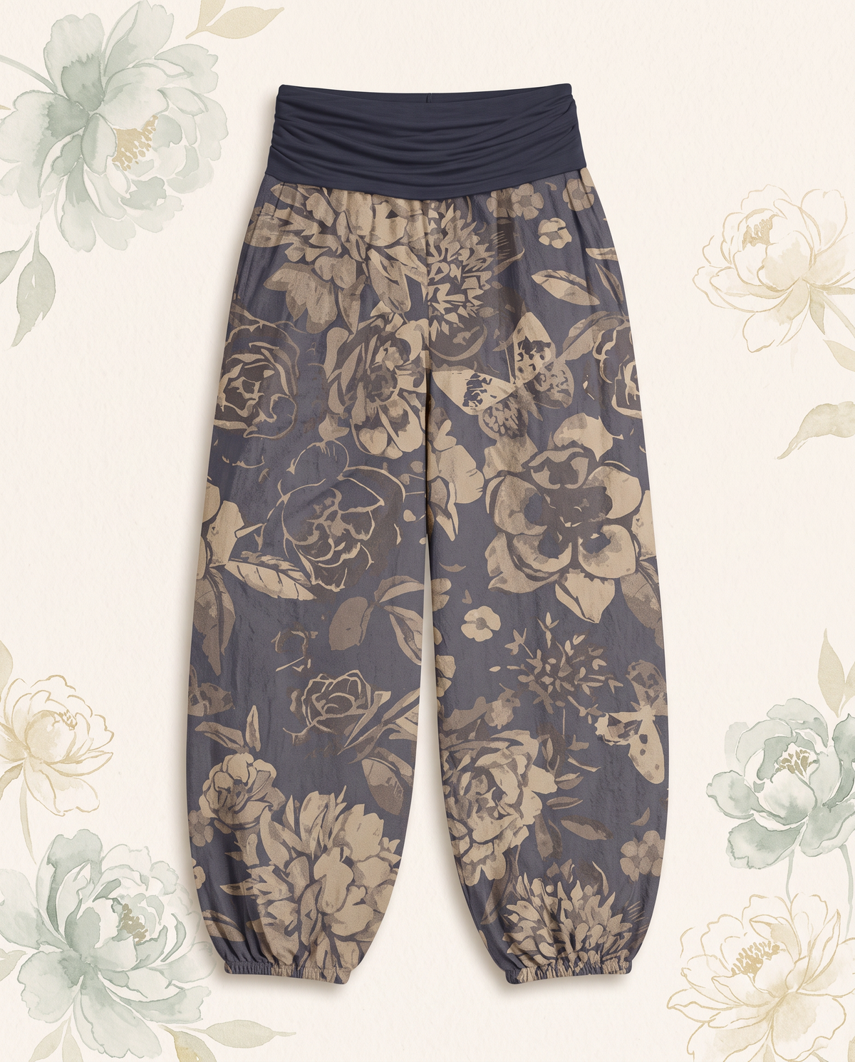 Peony Cotton Harem Pants — flat-lay view