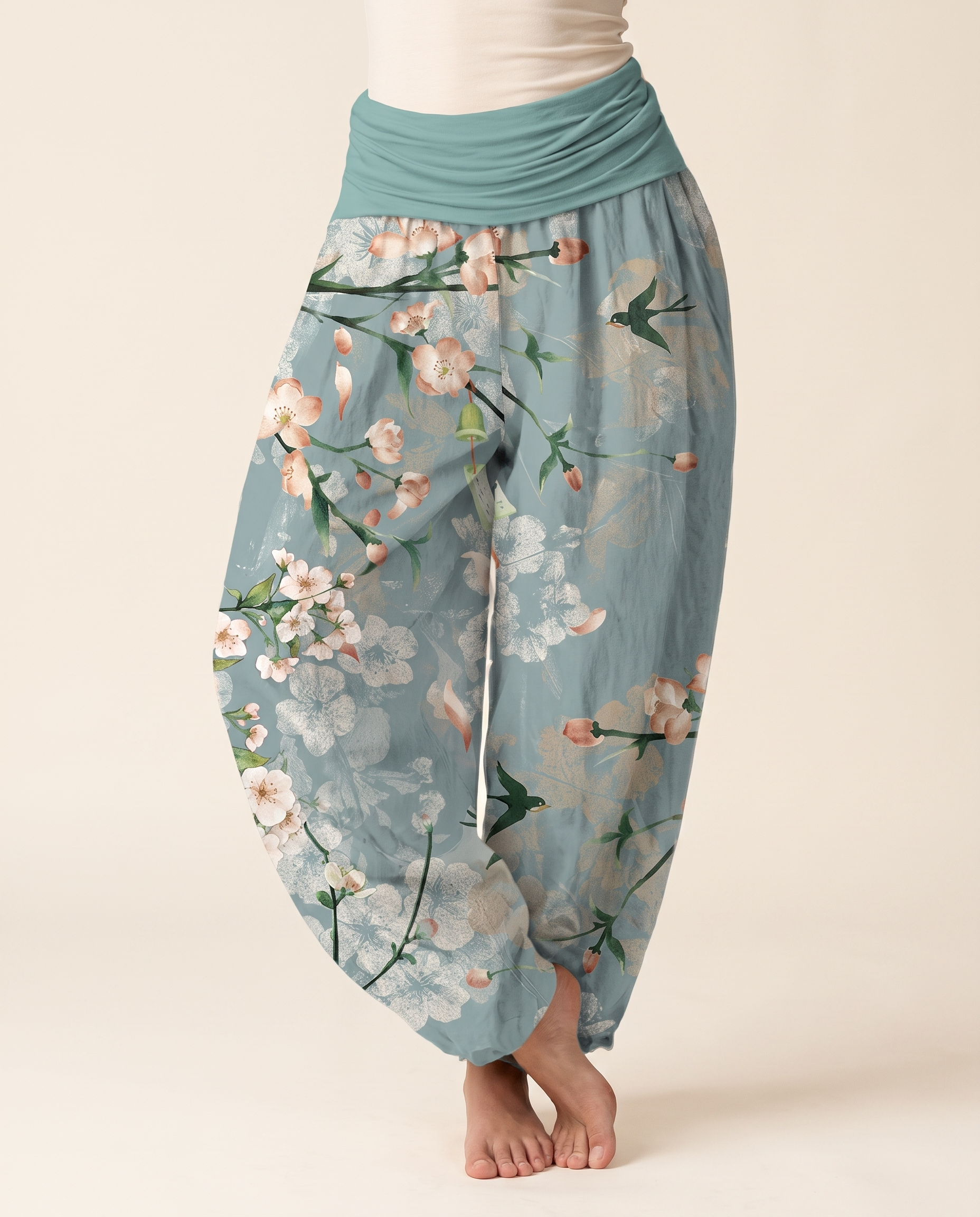 Peach Blossom Cotton Harem Pants — worn by a model