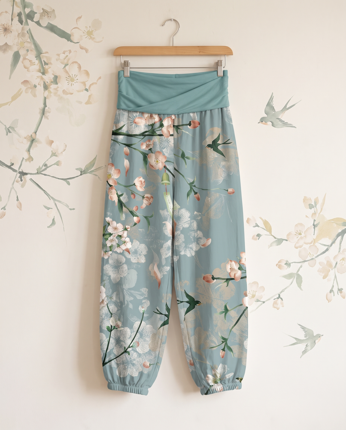 Peach Blossom Cotton Harem Pants — hanging view