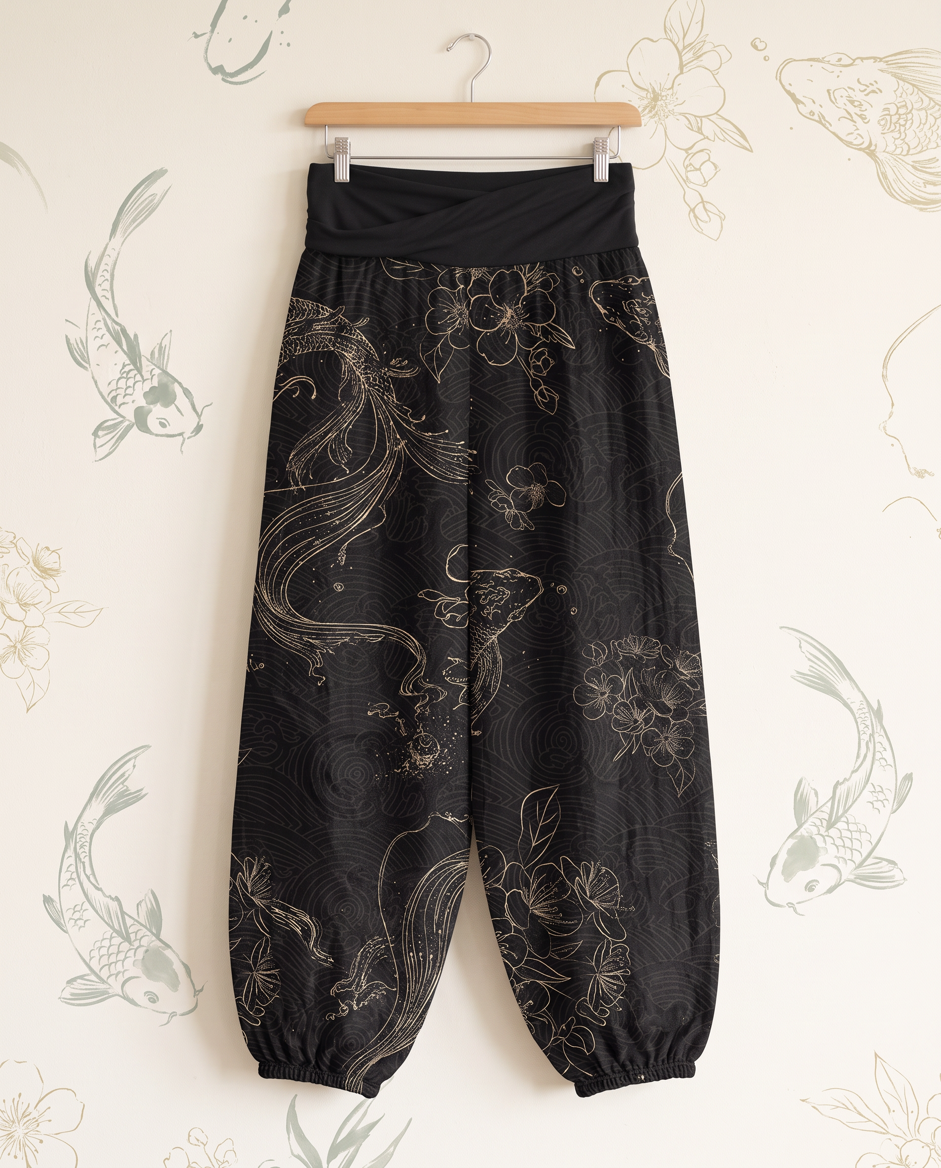 Koi Floral Cotton Harem Pants — hanging view