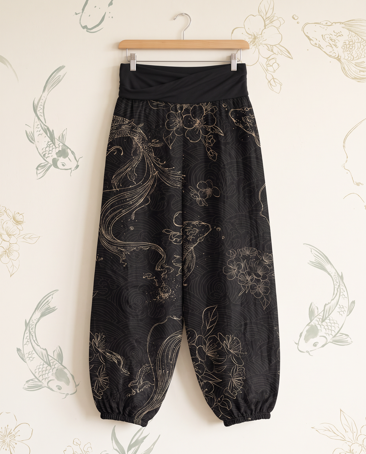 Koi Floral Cotton Harem Pants — hanging view