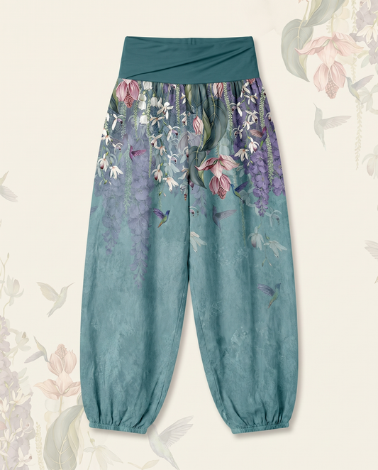 Orchid & Birds Cotton Harem Pants — flat-lay view