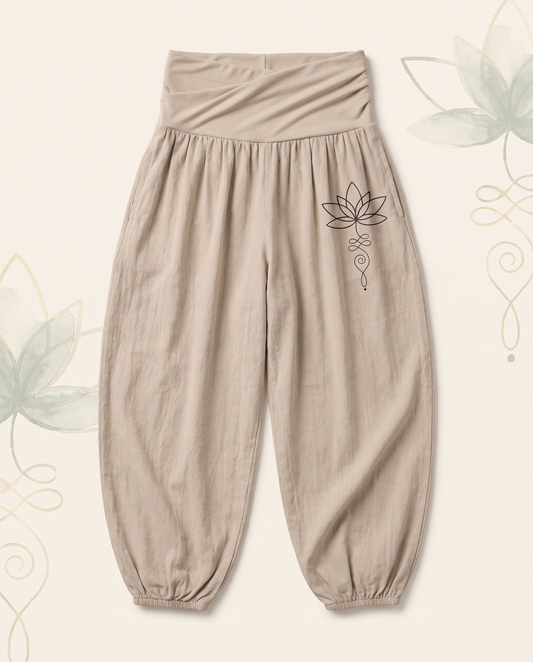 Lotus Unalome Cotton Harem Pants — flat-lay view