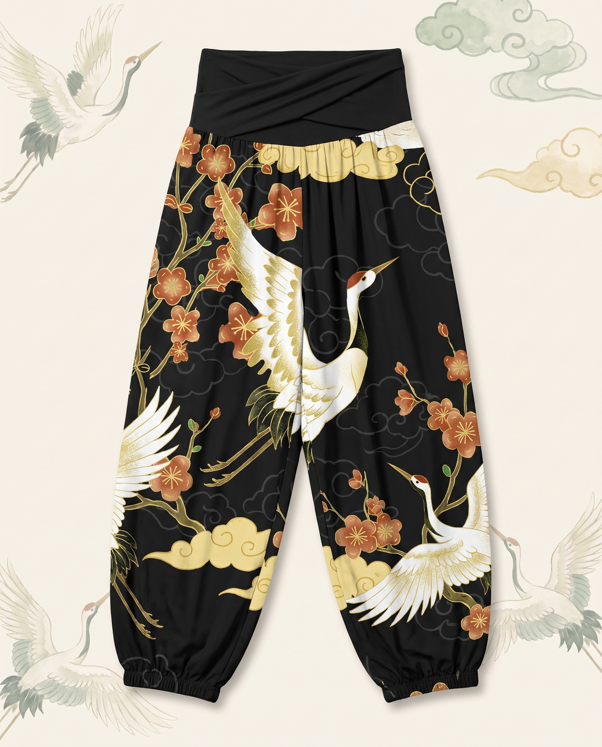 Crane & Cloud Cotton Harem Pants — flat-lay view