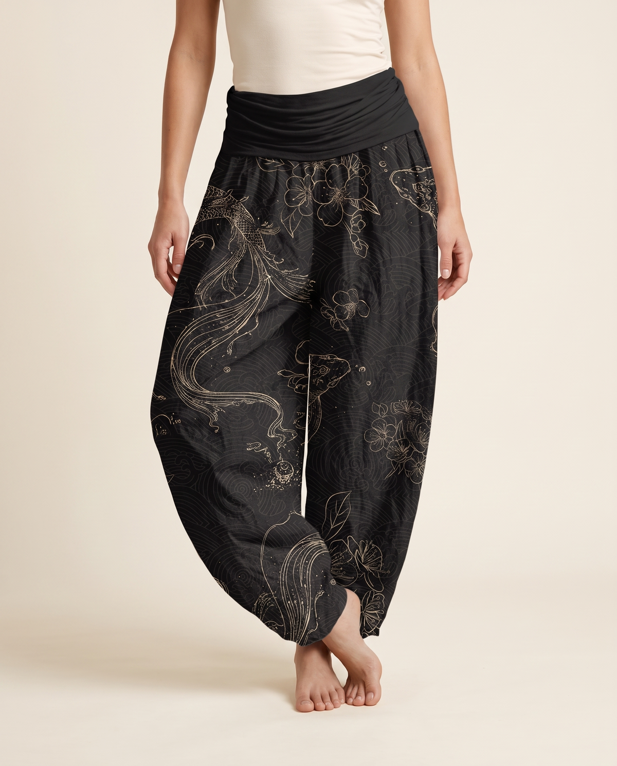 Koi Floral Cotton Harem Pants — worn by a model