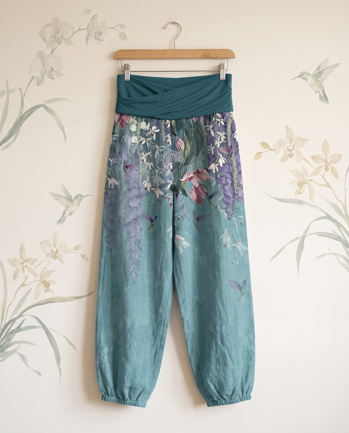 Orchid & Birds Cotton Harem Pants — hanging view