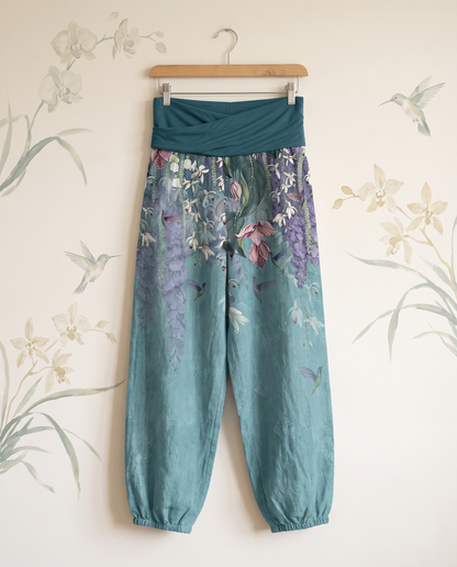 Orchid & Birds Cotton Harem Pants — hanging view