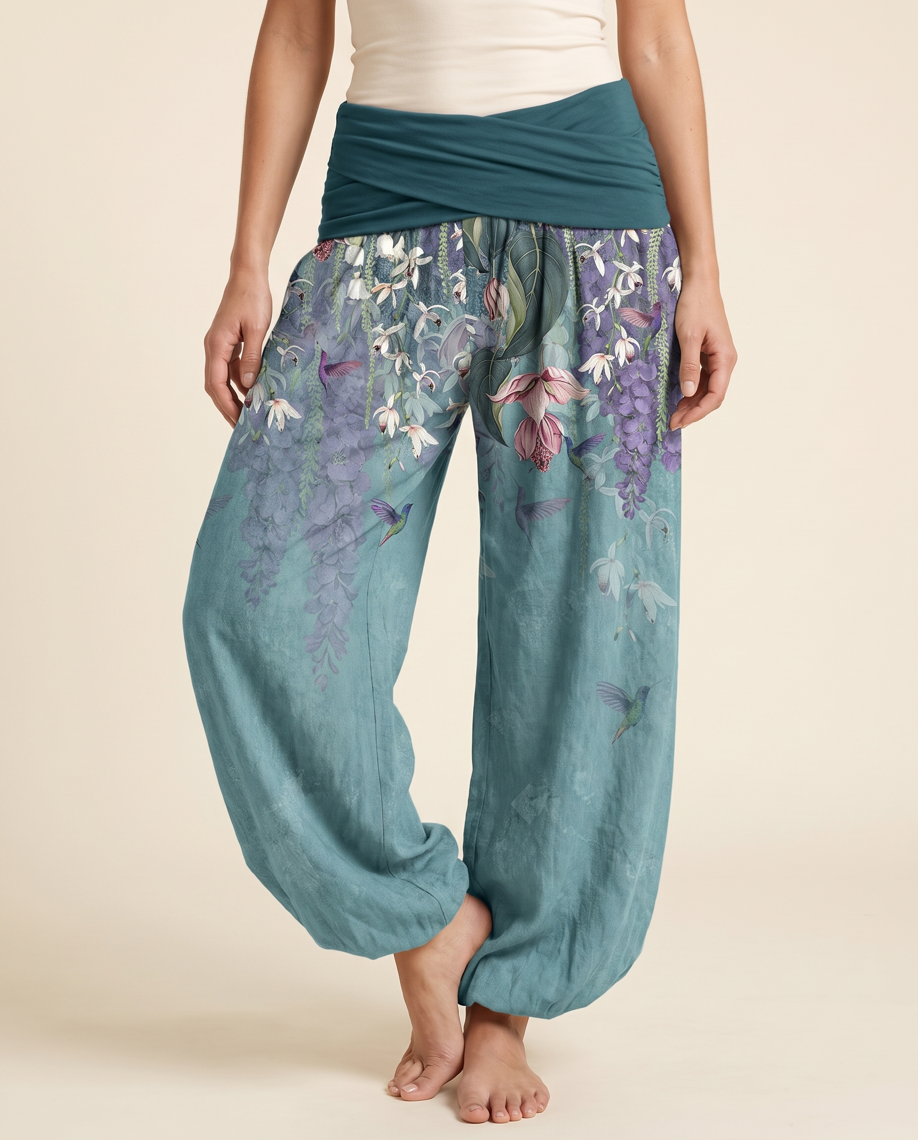Orchid & Birds Cotton Harem Pants — worn by a model