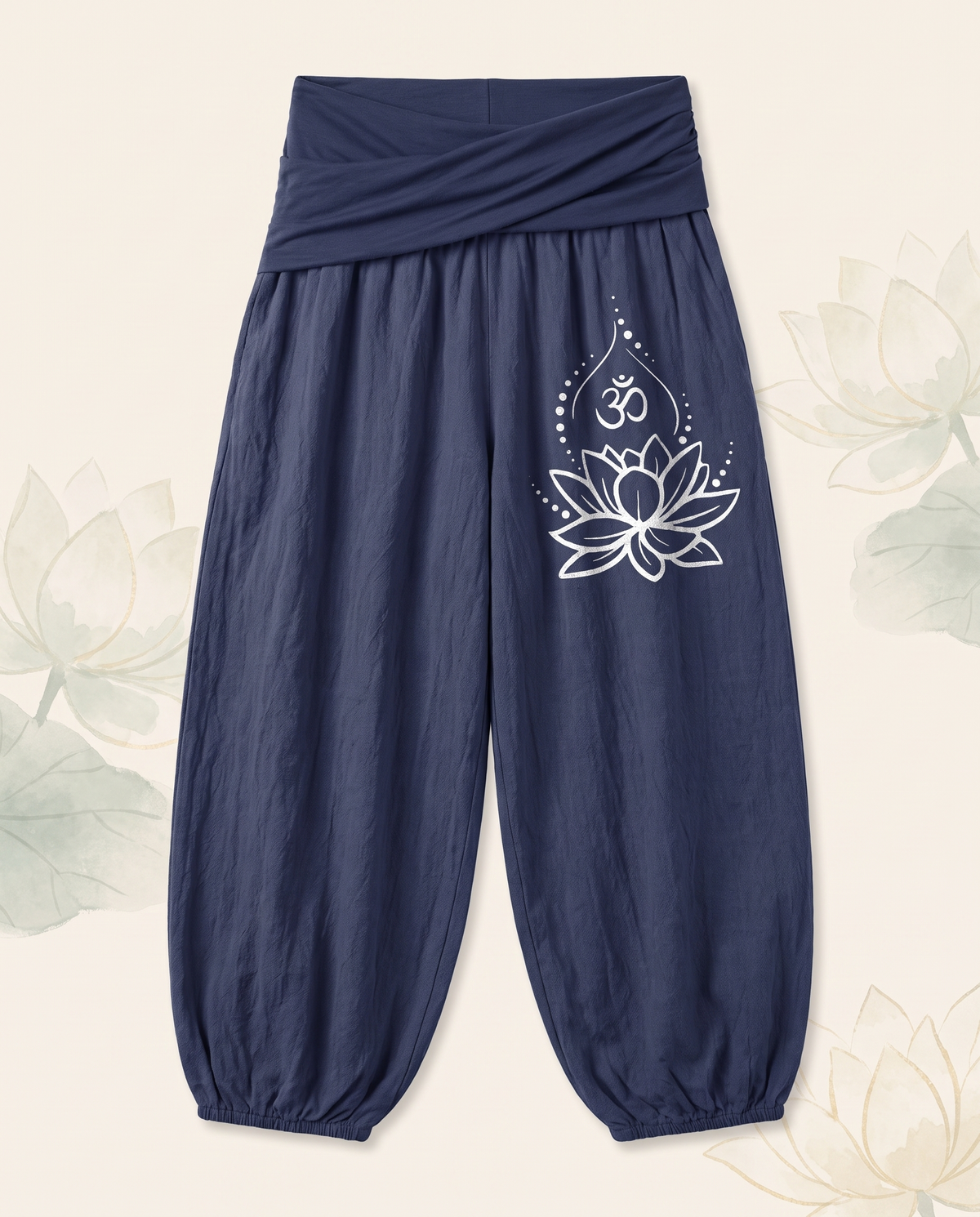 Lotus & Om Cotton Harem Pants — flat-lay view