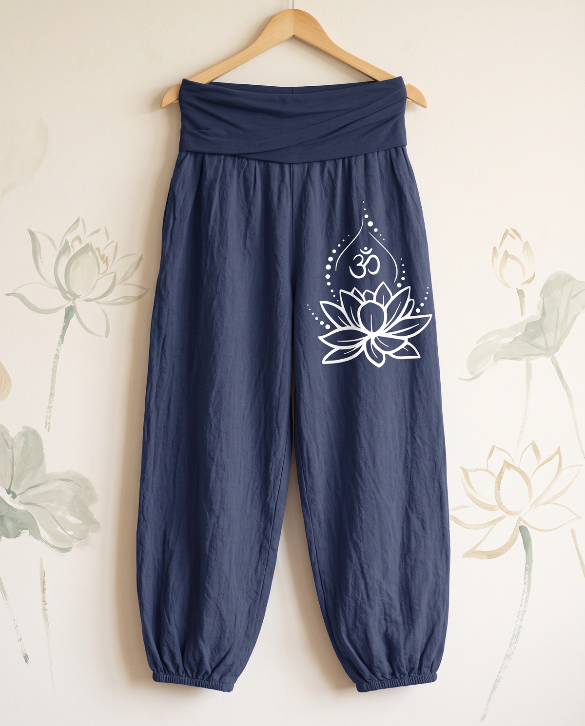 Lotus & Om Cotton Harem Pants — hanging view