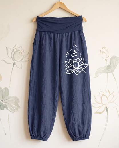 Lotus & Om Cotton Harem Pants — hanging view