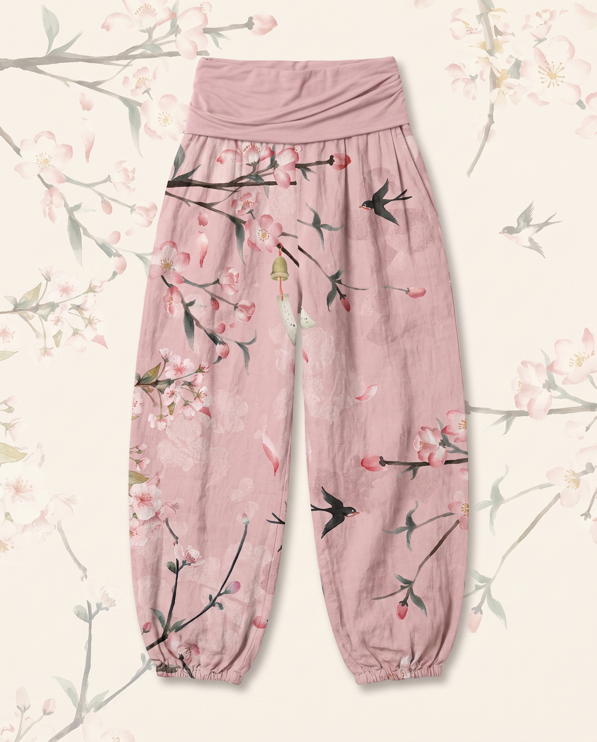 Peach Blossom Cotton Harem Pants — in pink, flat-lay view