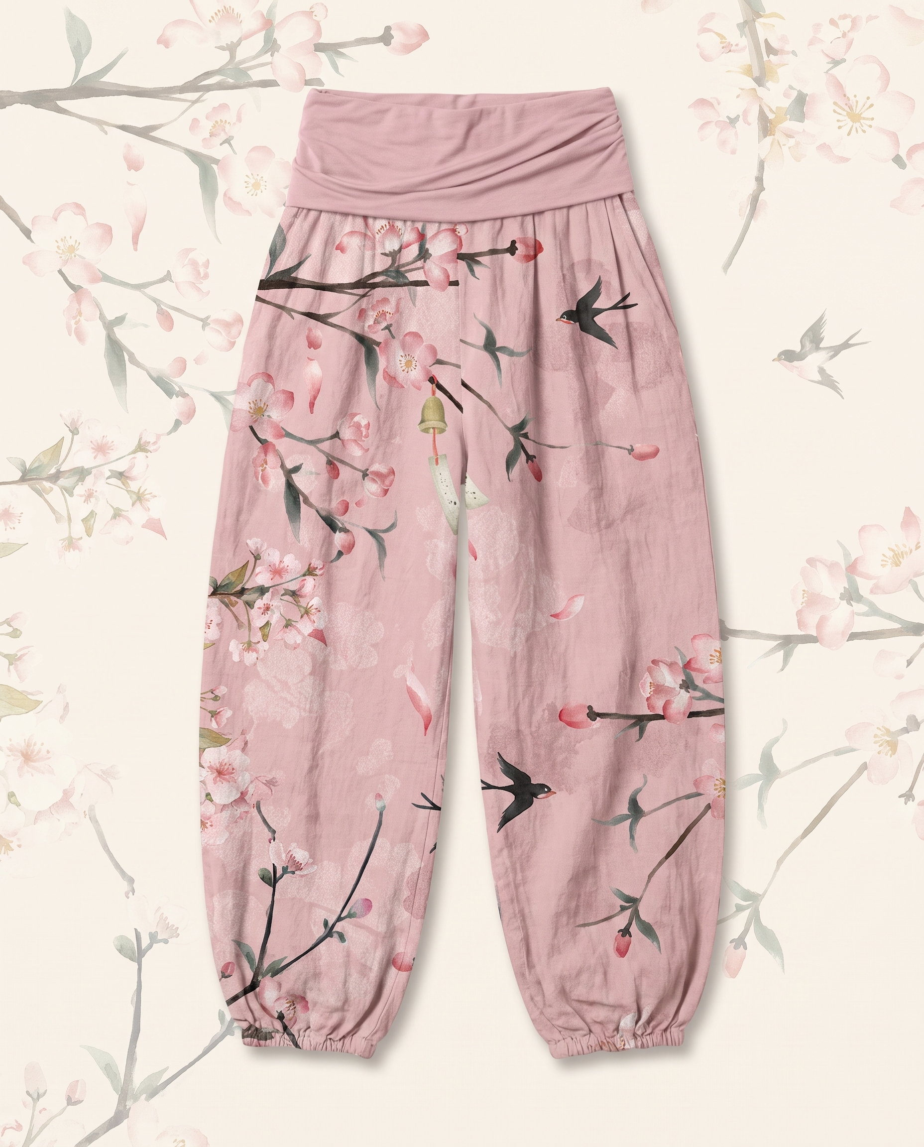 Peach Blossom Cotton Harem Pants — in pink, flat-lay view