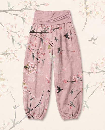 Peach Blossom Cotton Harem Pants — in pink, flat-lay view