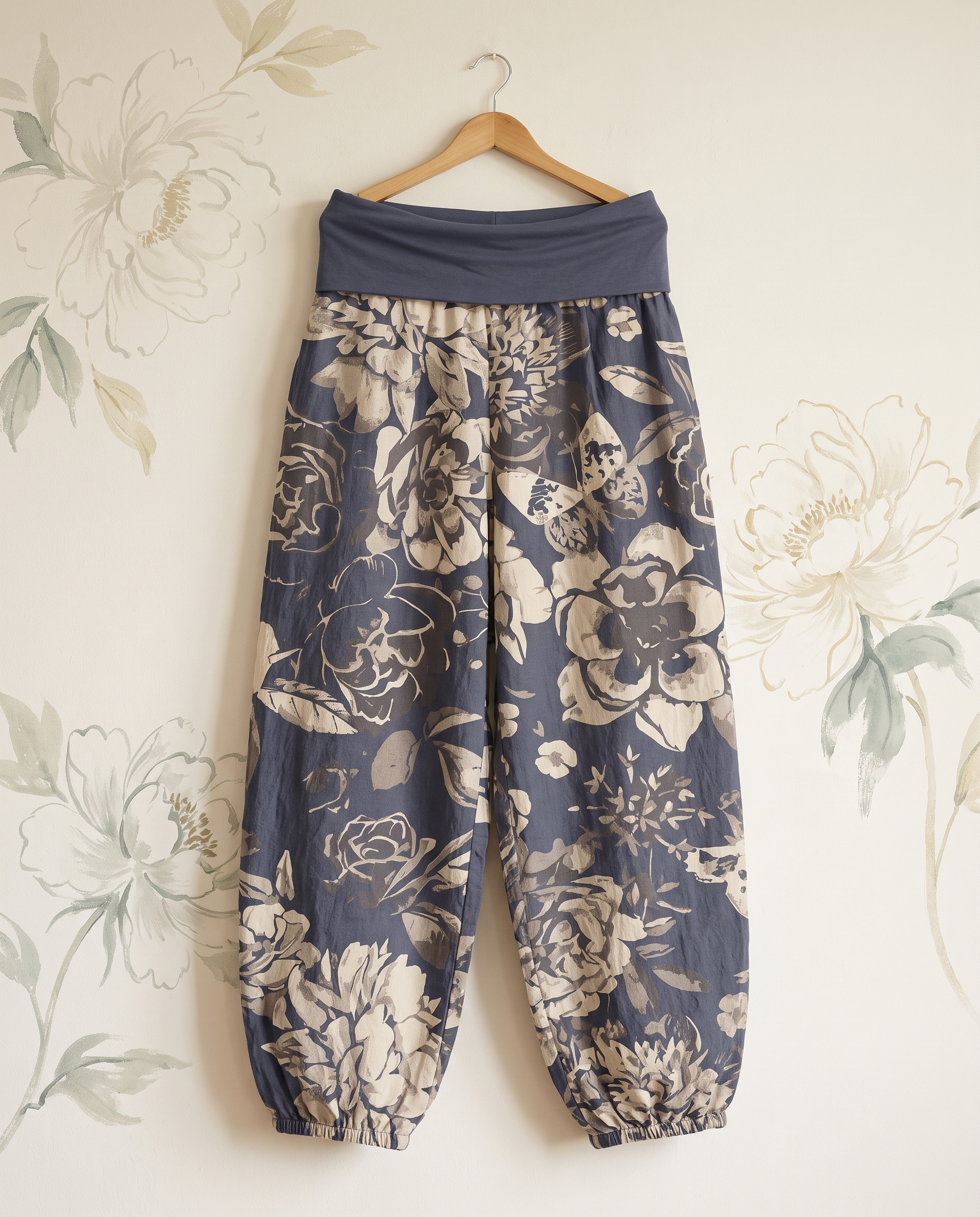 Peony Cotton Harem Pants — in dark slate blue, hanging view