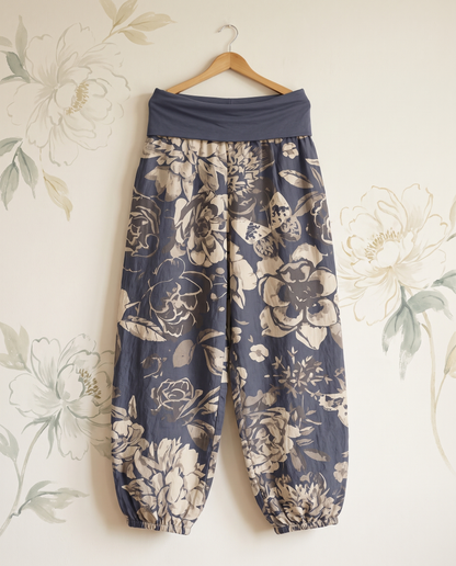 Peony Cotton Harem Pants — in dark slate blue, hanging view