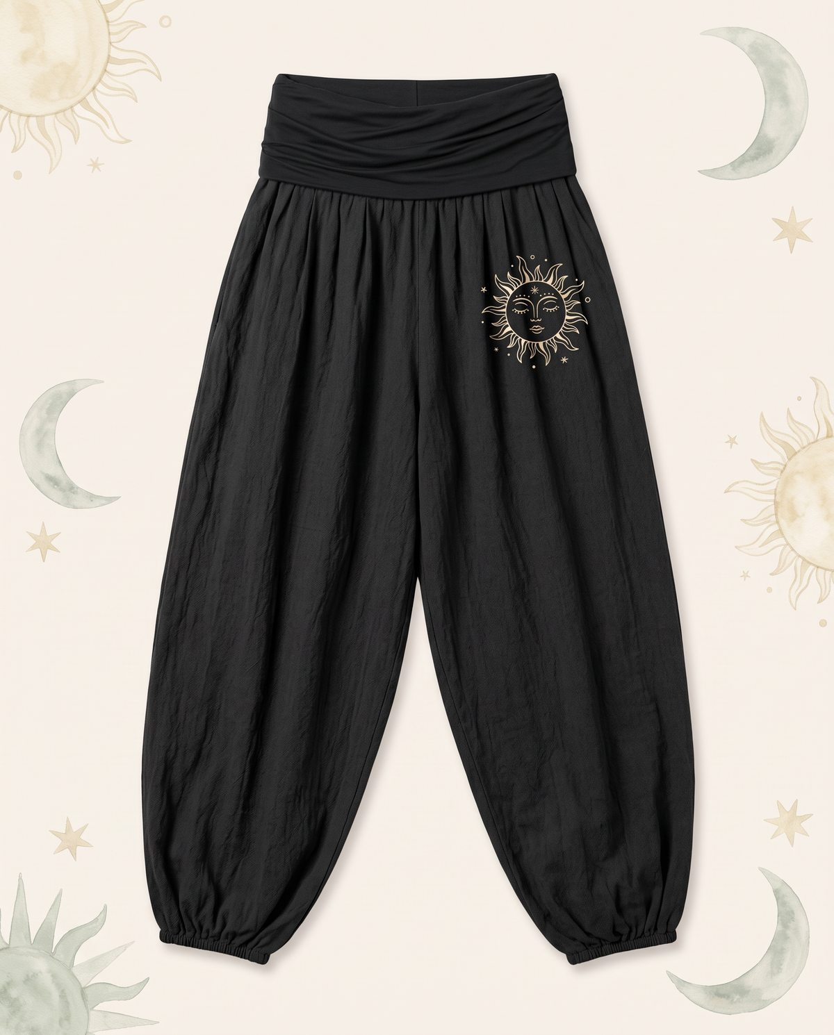 Sun & Moon Cotton Harem Pants — in black, flat-lay view