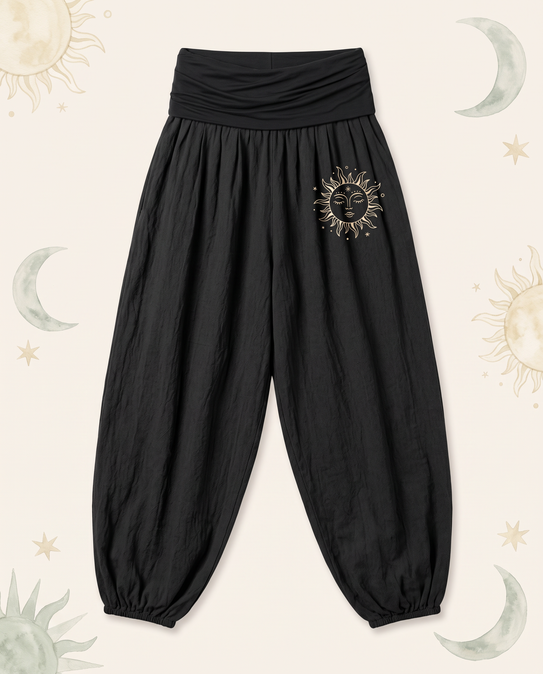 Sun & Moon Cotton Harem Pants — in black, flat-lay view