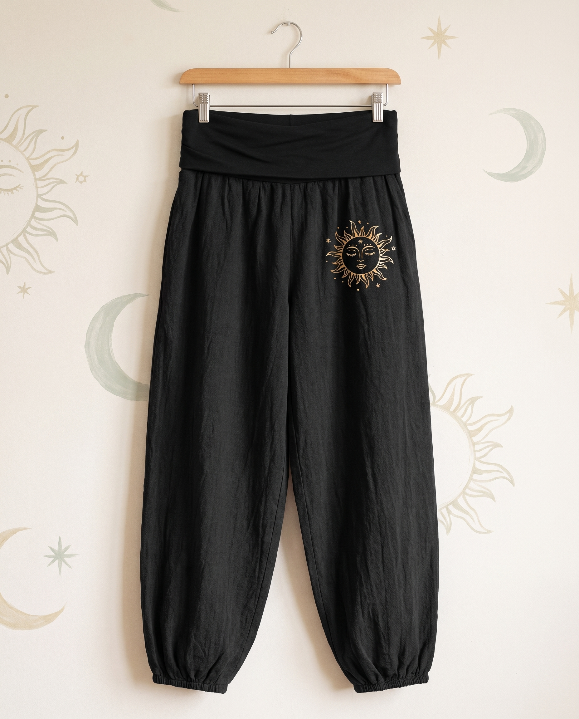 Sun & Moon Cotton Harem Pants — in black, hanging view