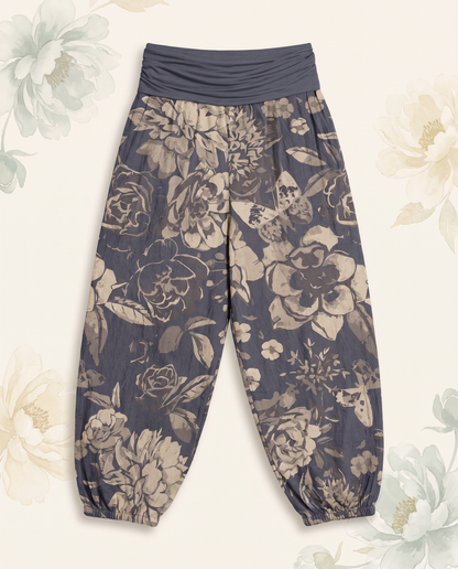 Peony Cotton Harem Pants — in dark slate blue, flat-lay view