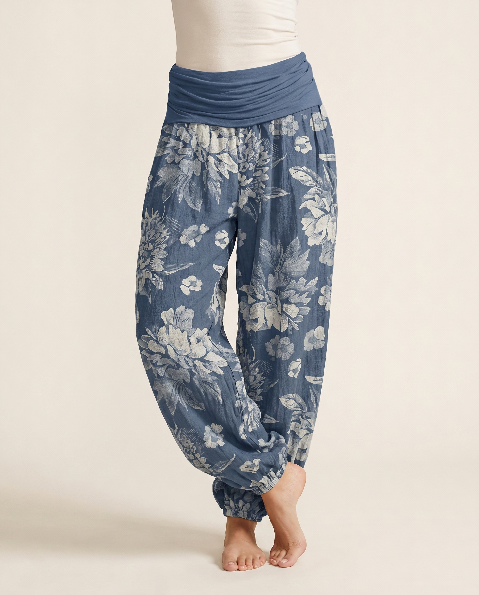 Peony Cotton Harem Pants — in sky blue, worn by a model