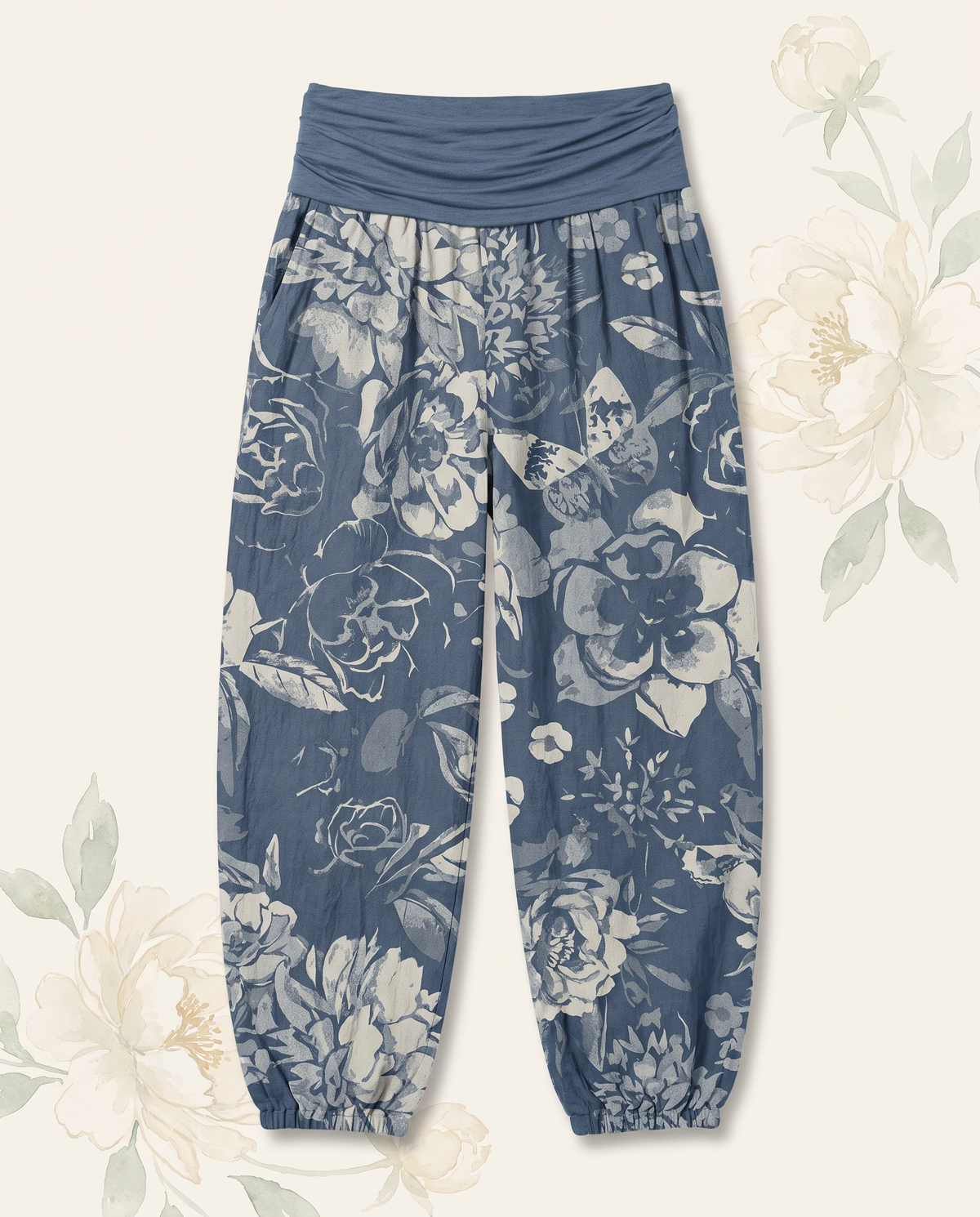 Peony Cotton Harem Pants — in sky blue, flat-lay view