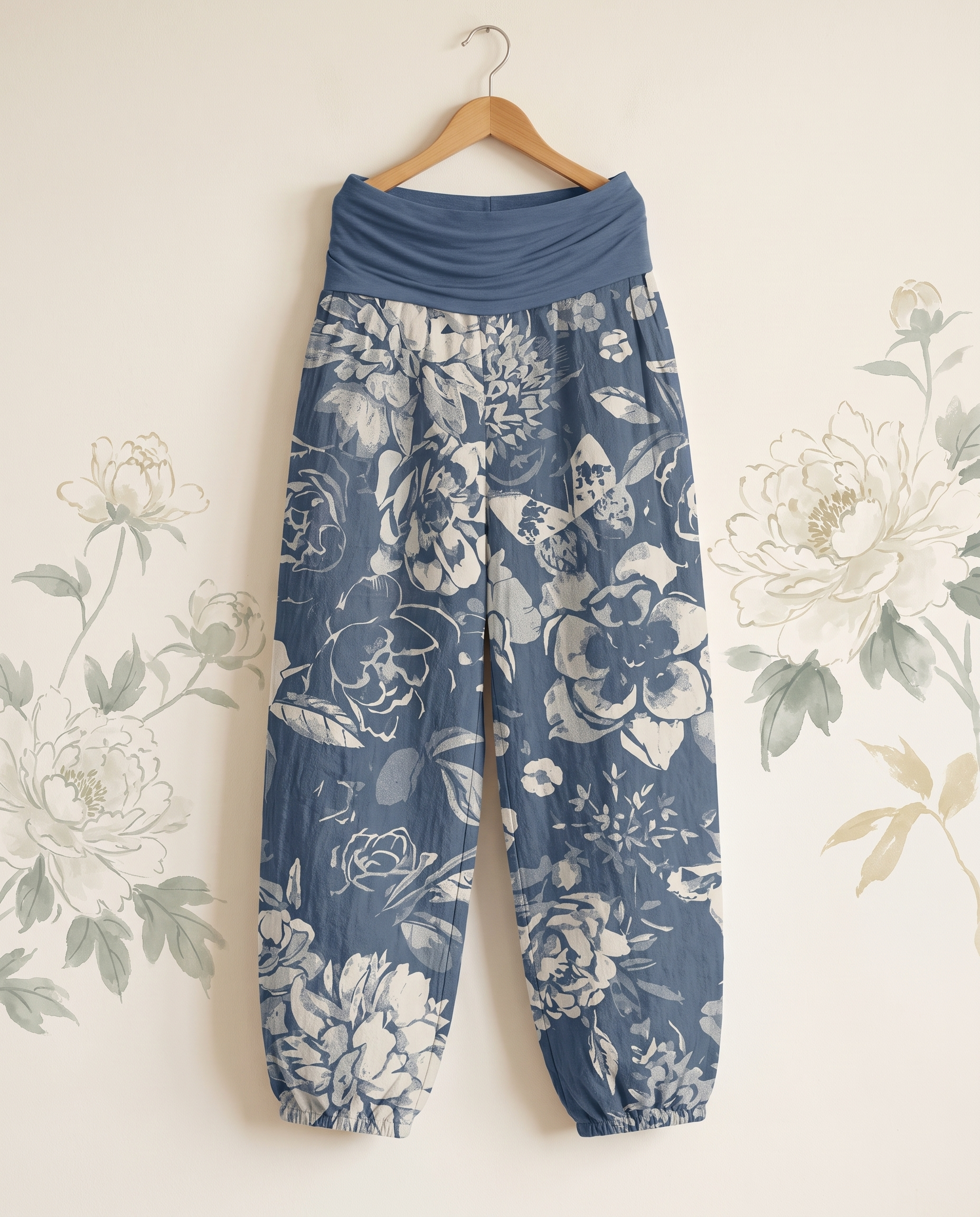 Peony Cotton Harem Pants — in sky blue, hanging view