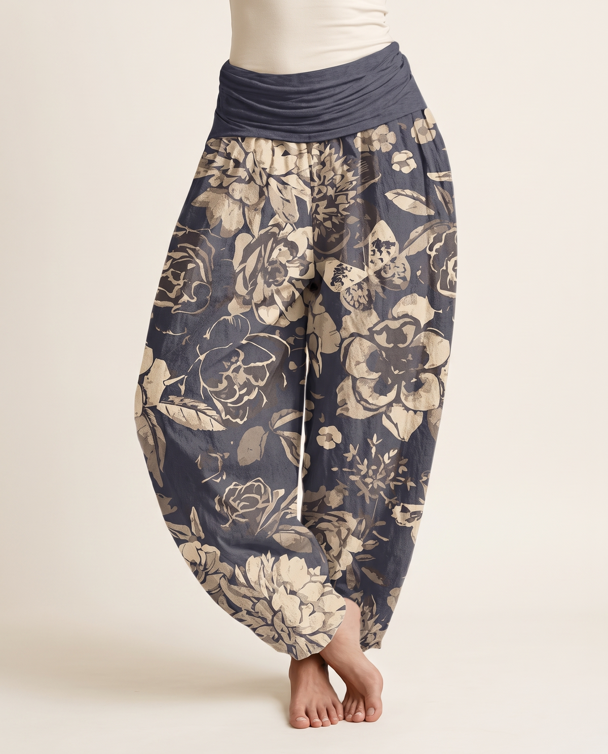 Peony Cotton Harem Pants — in dark slate blue, worn by a model